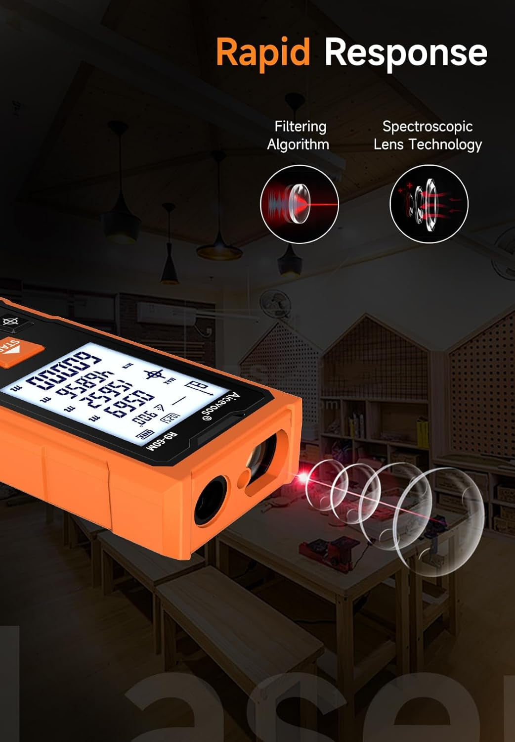 R9 Laser Measure 60M/196Ft with Large Backlit Screen and Cross Laser, Digital Laser Measurement Tool with Electronic Angle Measures Distance, Area and Volume