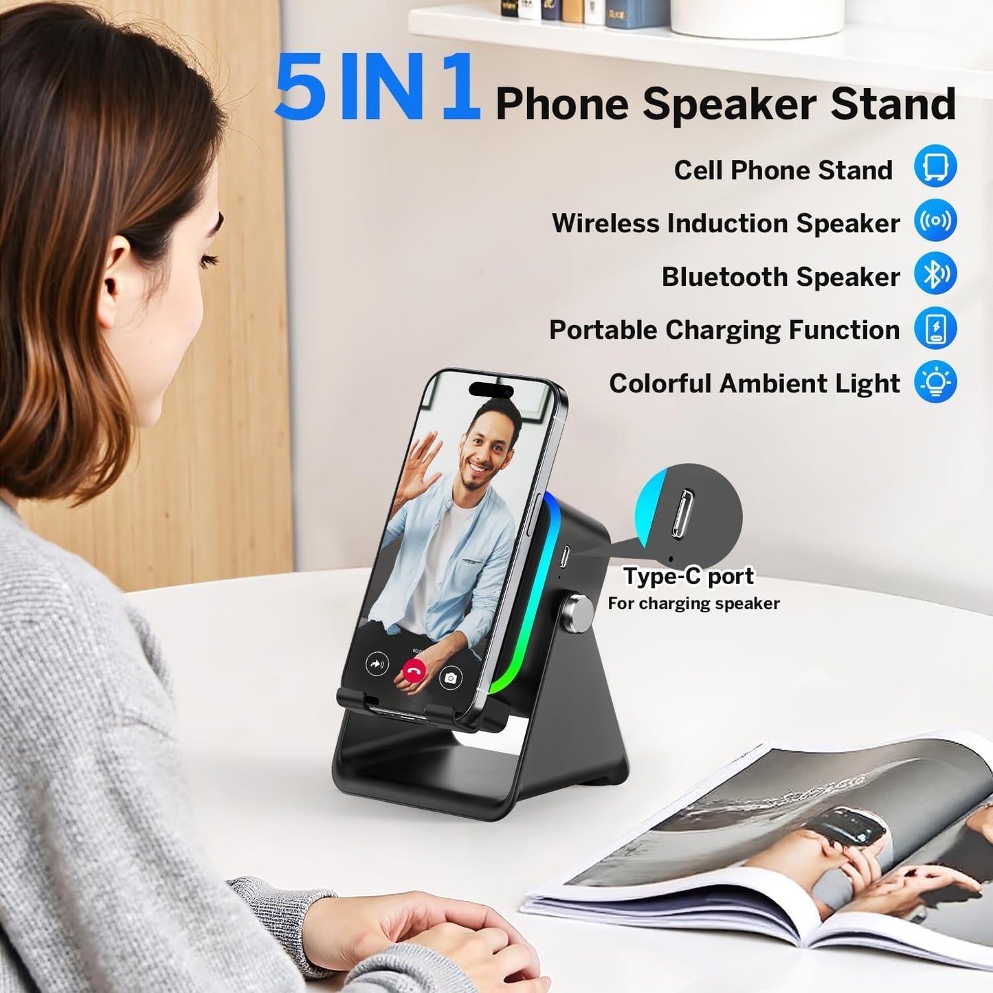 5-In-1 Wireless Induction Bluetooth Speaker with Adjustable round Phone Stand, Multifunctional Stereo Sound Bluetooth Speaker, 8 RGB Ambient Light (Black, Square)