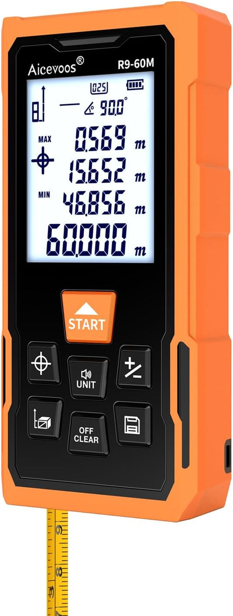 R9 Laser Measure 60M/196Ft with Large Backlit Screen and Cross Laser, Digital Laser Measurement Tool with Electronic Angle Measures Distance, Area and Volume