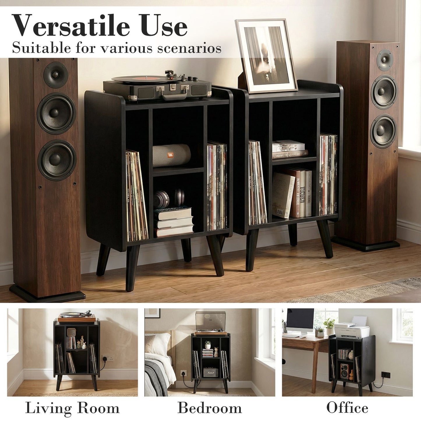 Record Player Stand with 4 Open Shelves Power Outlet USB Charging Port