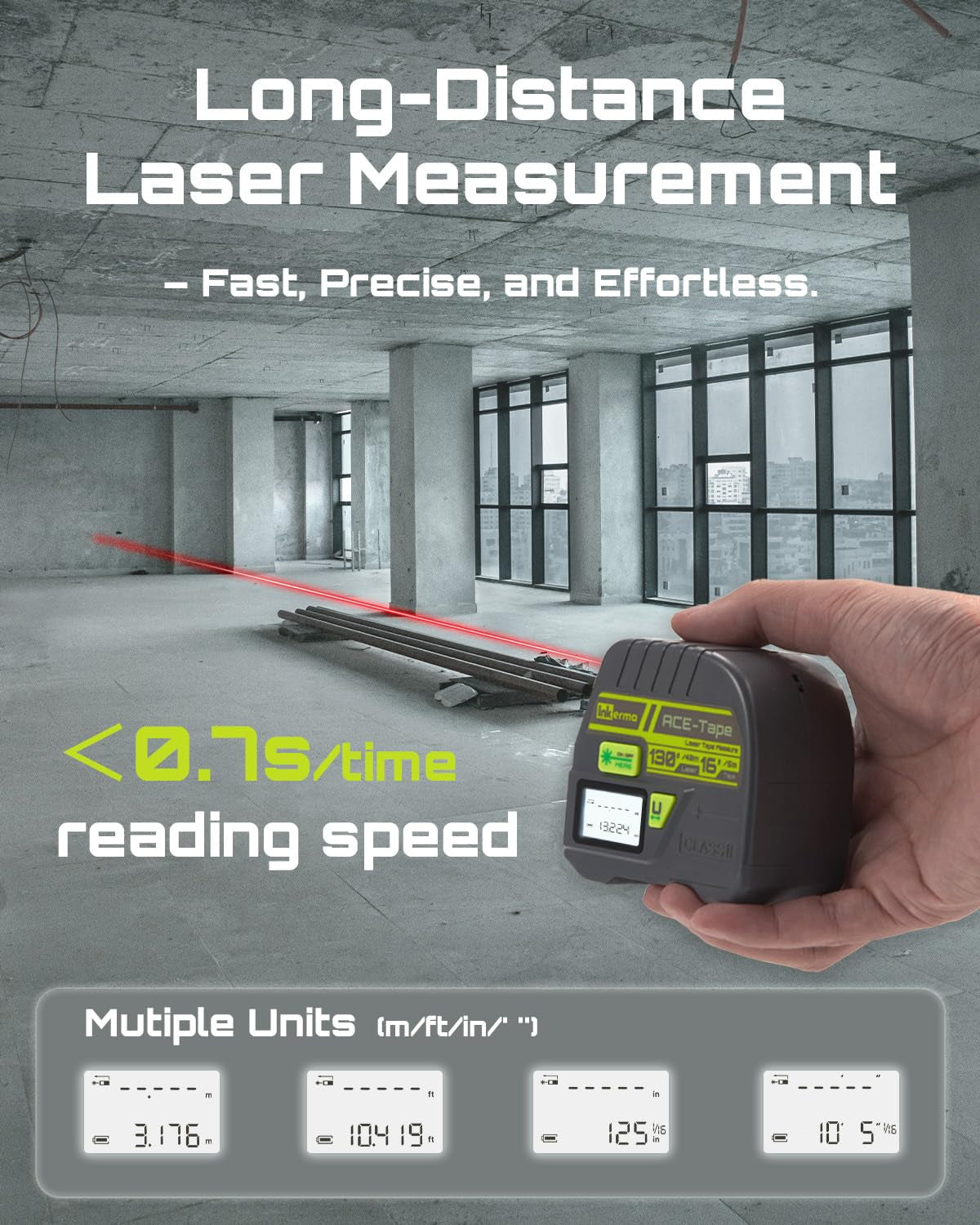 2-In-1 Laser Tape Measure,  130Ft/40M Laser Measurement Tool & 16Ft/5M Measuring Tape, Digital Laser Tape Measure with M/In/Ft/Ft+In Units, LCD Display, Self-Locking Tape, Belt Clip