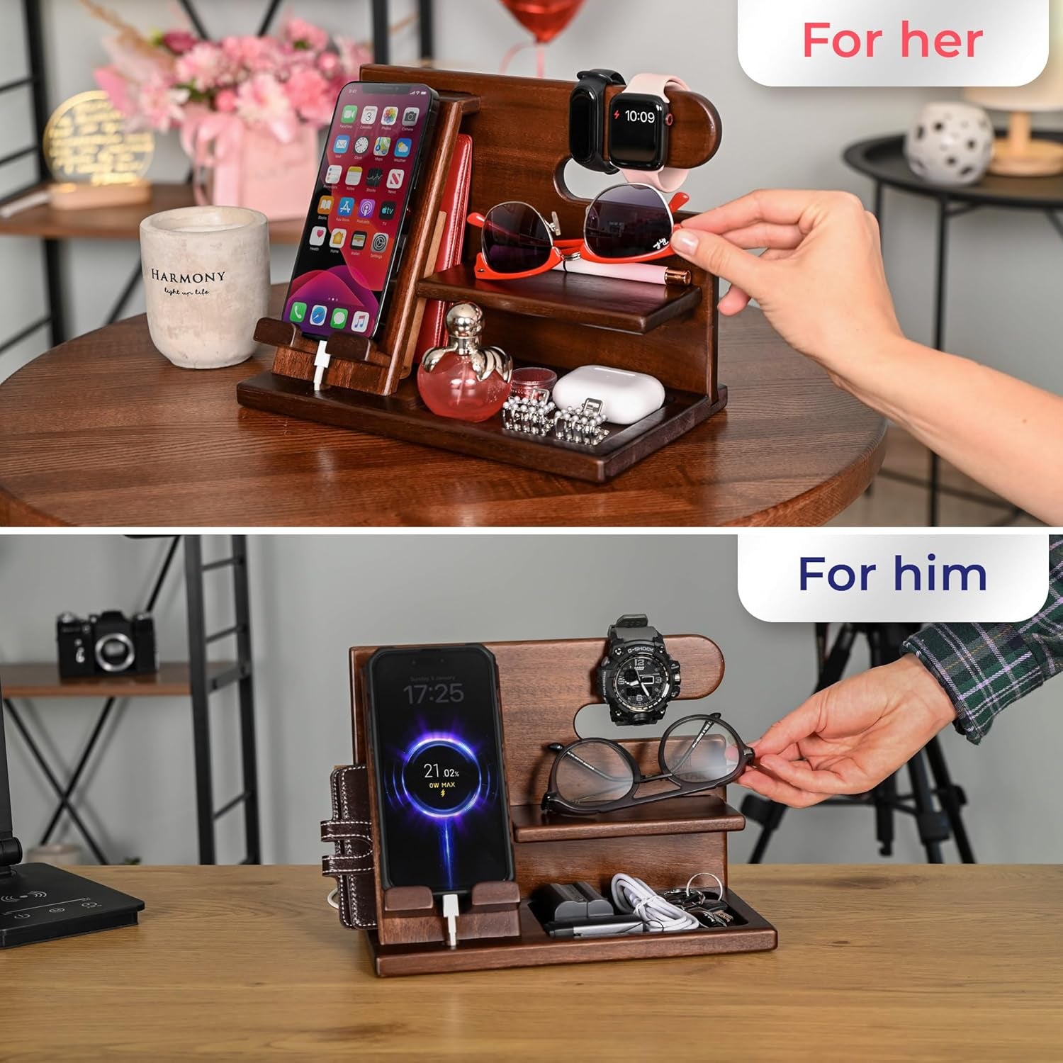 Dad Gifts Wood Phone Docking Station – Nightstand Organiser with Key Holder, Wallet & Watch Stand, Wooden Desk Organizer Phone Dock, Birthday Anniversary Husband Men Gifts (Brown)