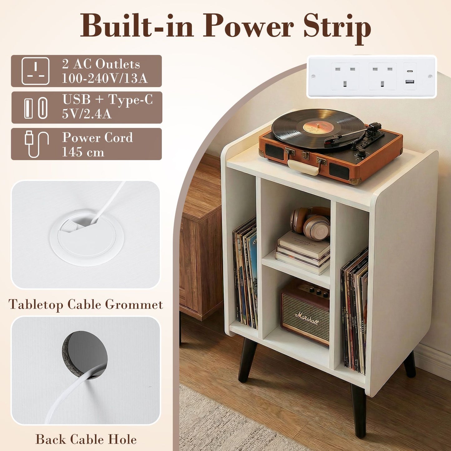 Record Player Stand with 4 Open Shelves Power Outlet USB Charging Port