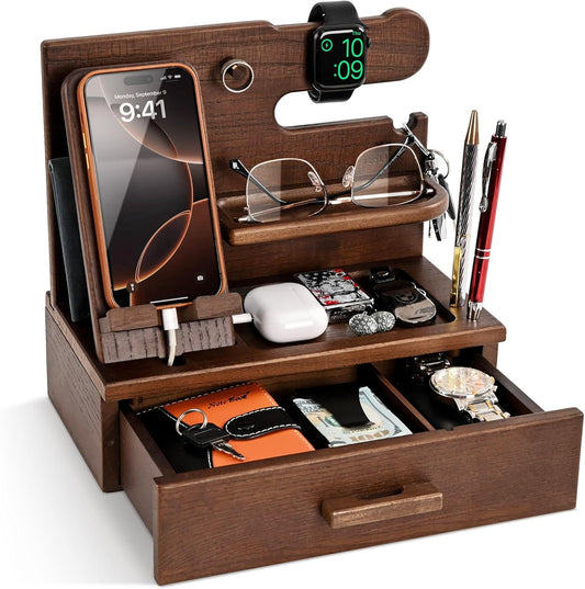Wood Phone Docking Station with Drawer – Solid Ash Desk & Nightstand Organiser, Phone Charging Stand, Bedside Phone Holder, Valet Tray for Wallet Watch Keys Glasses, Men & Women Gift (Brown)