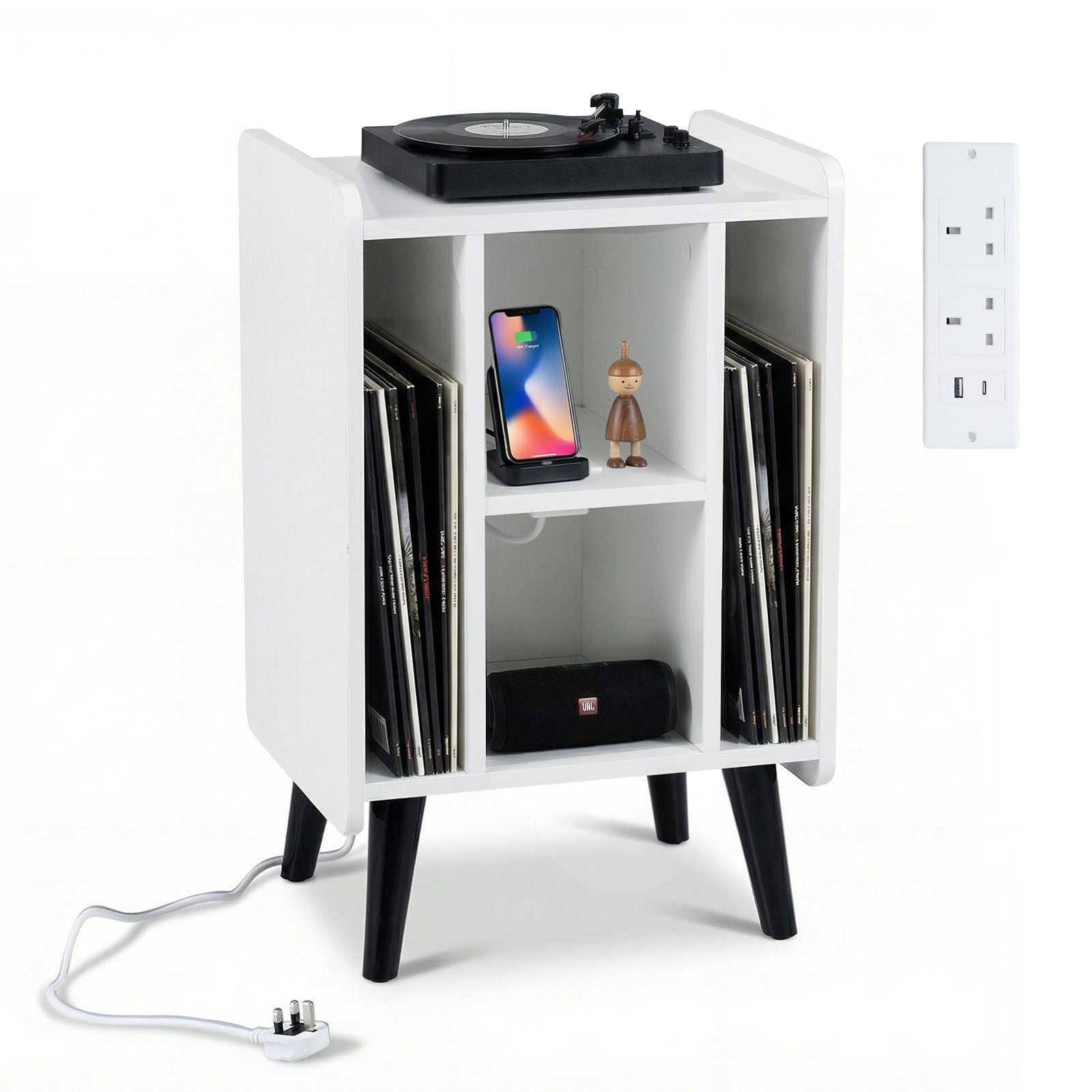 Record Player Stand with 4 Open Shelves Power Outlet USB Charging Port