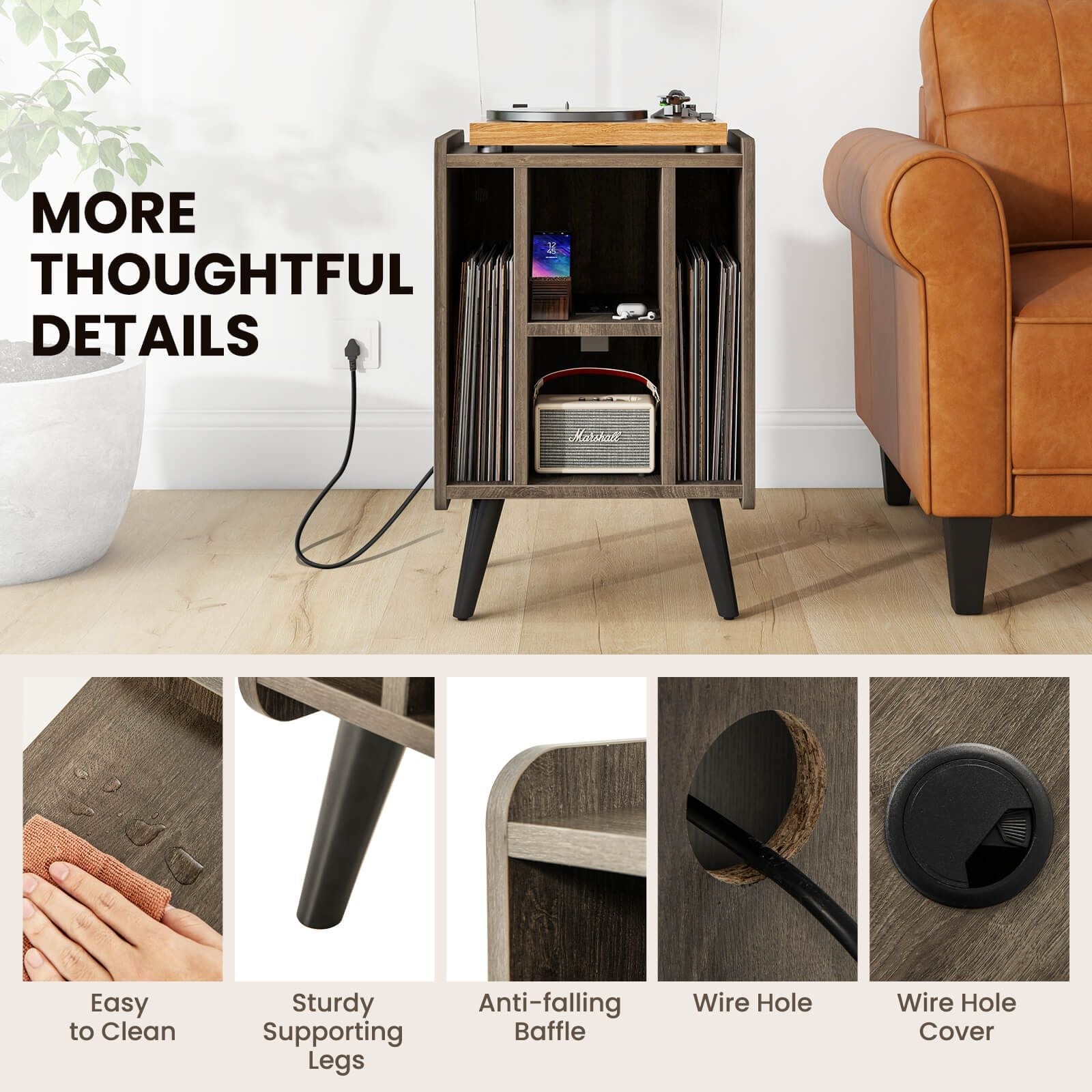 Record Player Stand with 4 Open Shelves Power Outlet USB Charging Port