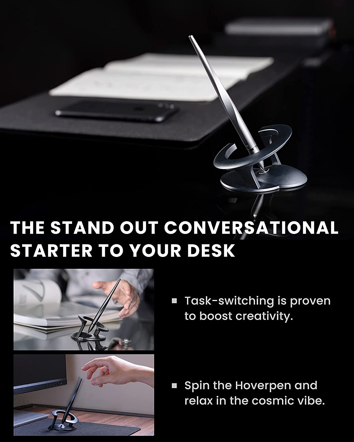 Hoverpen Interstellar Edition - Futuristic Luxury Pen Made with Aerospace Alloys, Desk Aesthetic, Free Spinning Executive Pen, Gifts for Men & Women (Space Black)