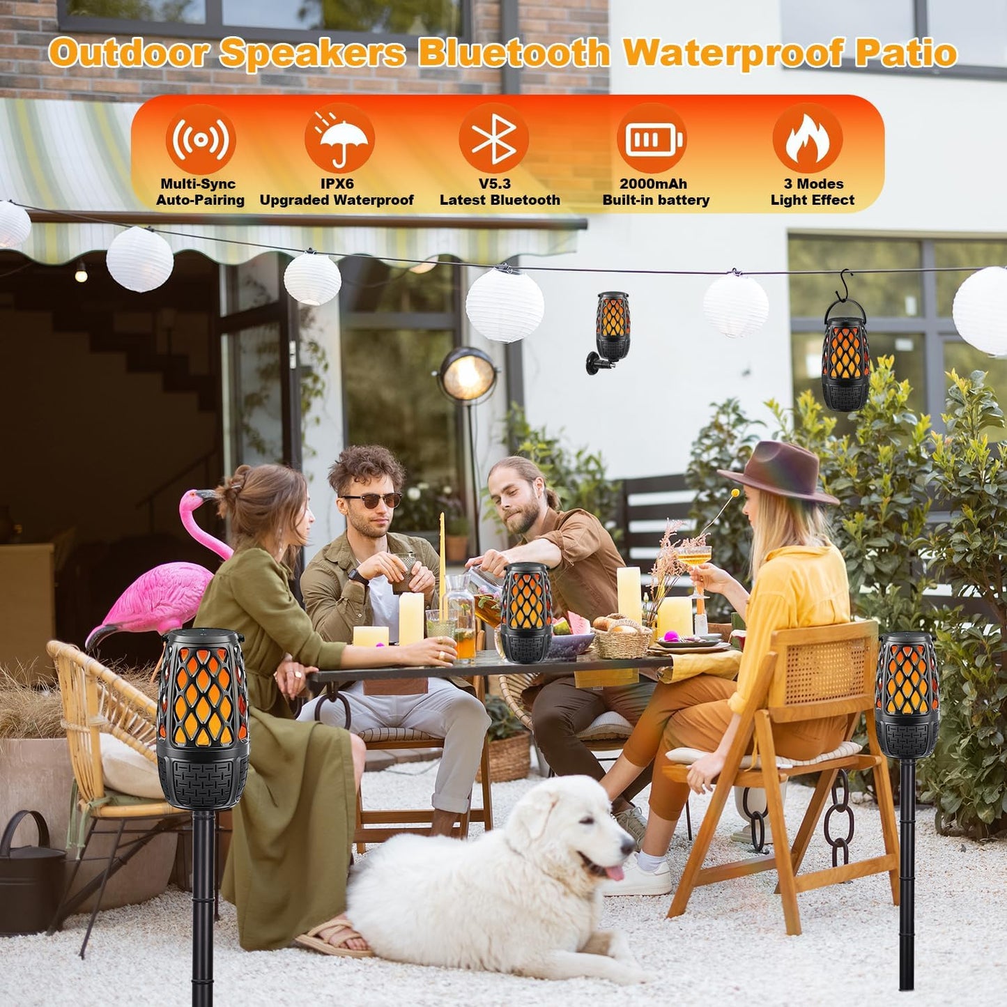 Upgraded Outdoor Bluetooth Speakers with Lights, IPX6 Waterproof Flame Atmosphere Outdoor Speaker, Auto-Pairing Multi-Sync up to 100 Speakers, Cool Tech Gadget Gifts for Men Women, Patio Garden Party