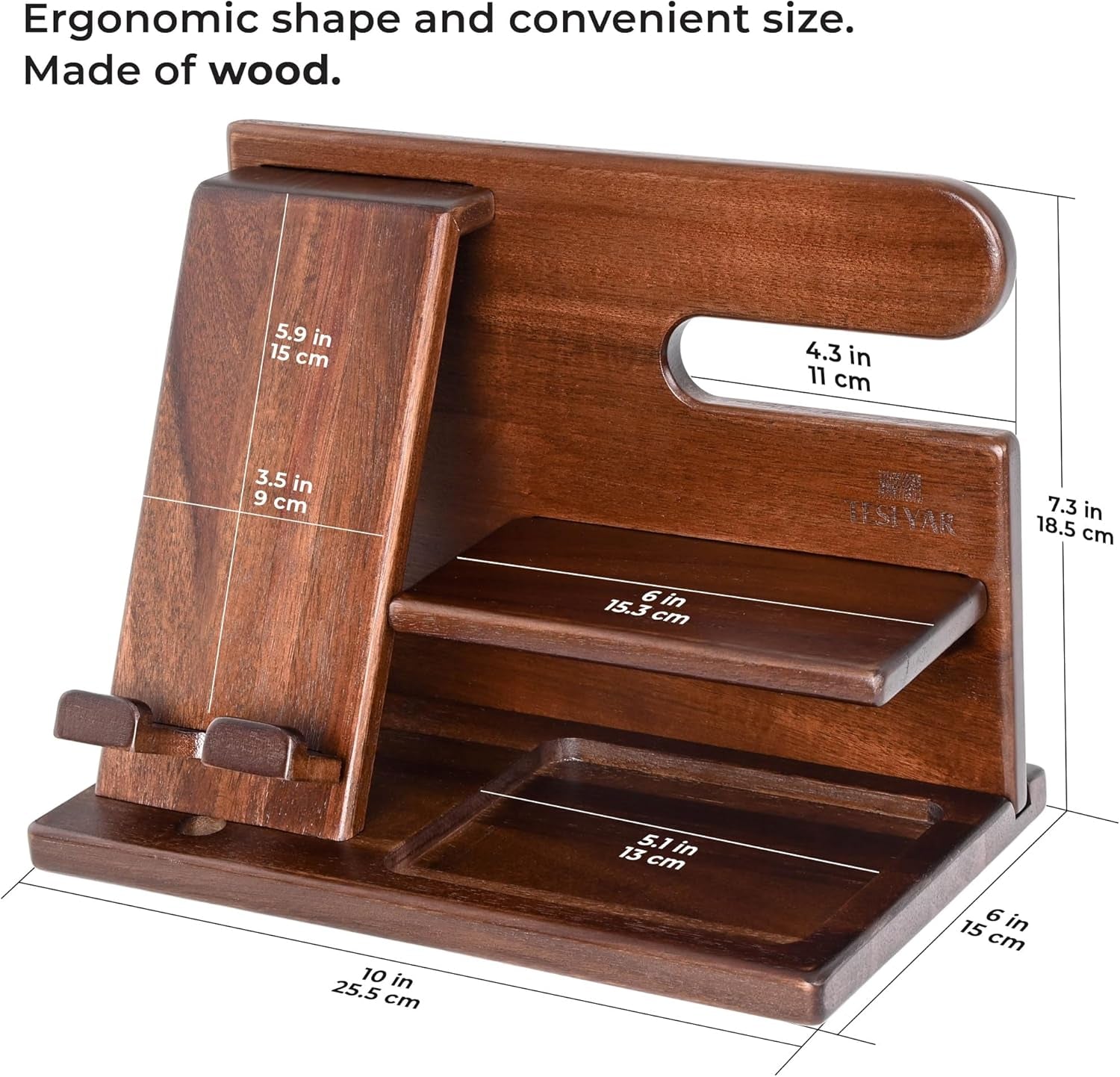 Dad Gifts Wood Phone Docking Station – Nightstand Organiser with Key Holder, Wallet & Watch Stand, Wooden Desk Organizer Phone Dock, Birthday Anniversary Husband Men Gifts (Brown)