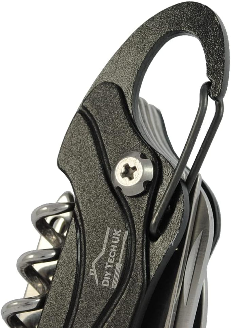 13 in 1 Pocket Multi Tool with UK Legal Folding Knife + Mini Multitool with Scissors, Corkscrew, Saw, Tin Opener, Screwdriver, Carabiner - Black - with Pouch