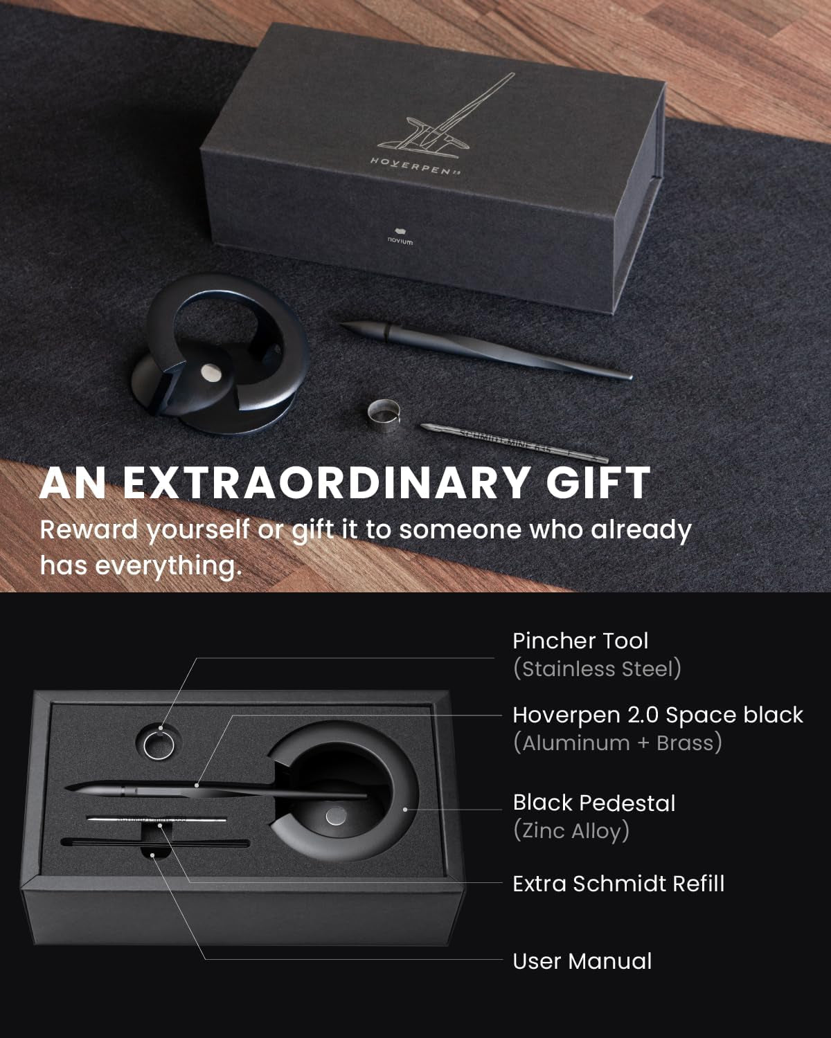Hoverpen Interstellar Edition - Futuristic Luxury Pen Made with Aerospace Alloys, Desk Aesthetic, Free Spinning Executive Pen, Gifts for Men & Women (Space Black)
