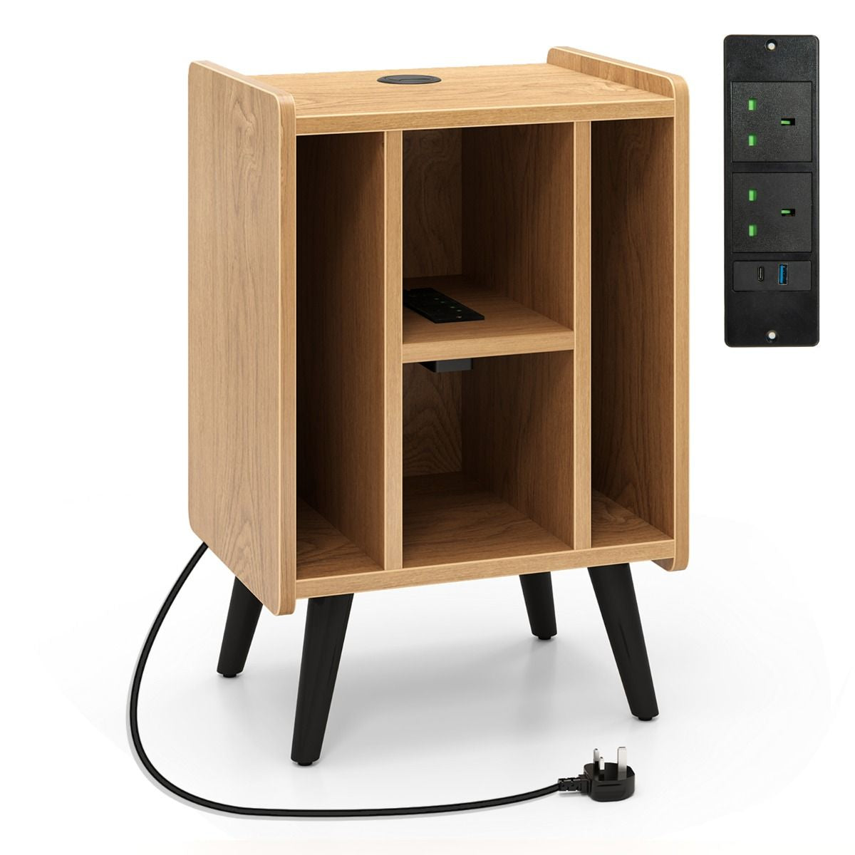 Record Player Stand with 4 Open Shelves Power Outlet USB Charging Port