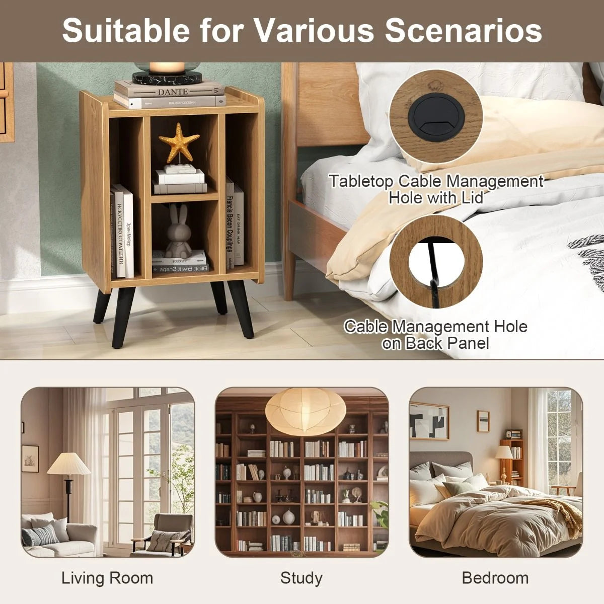 Record Player Stand with 4 Open Shelves Power Outlet USB Charging Port