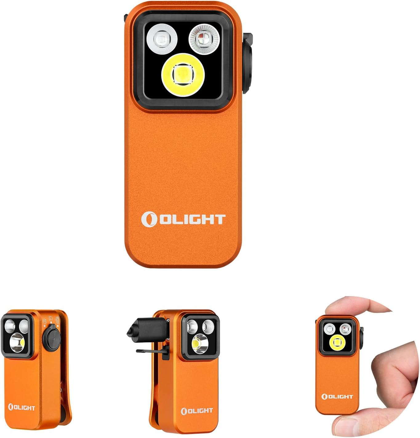 Oclip Pro S 600 Lumens 5 Light Sources Clip on Torch, Rechargeable UV Light with Magnetic Base, Mini LED RGB Flashlight for Indoor Use, Hiking, Cycling, Running, and Safety Warning (Orange)