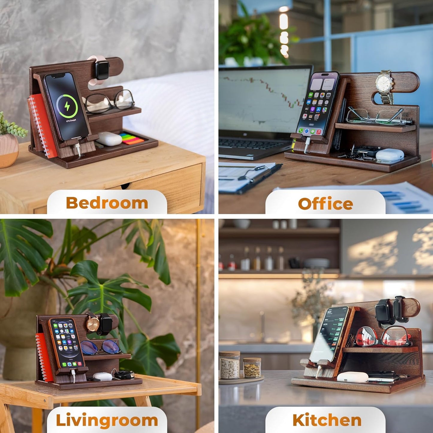 Dad Gifts Wood Phone Docking Station – Nightstand Organiser with Key Holder, Wallet & Watch Stand, Wooden Desk Organizer Phone Dock, Birthday Anniversary Husband Men Gifts (Brown)