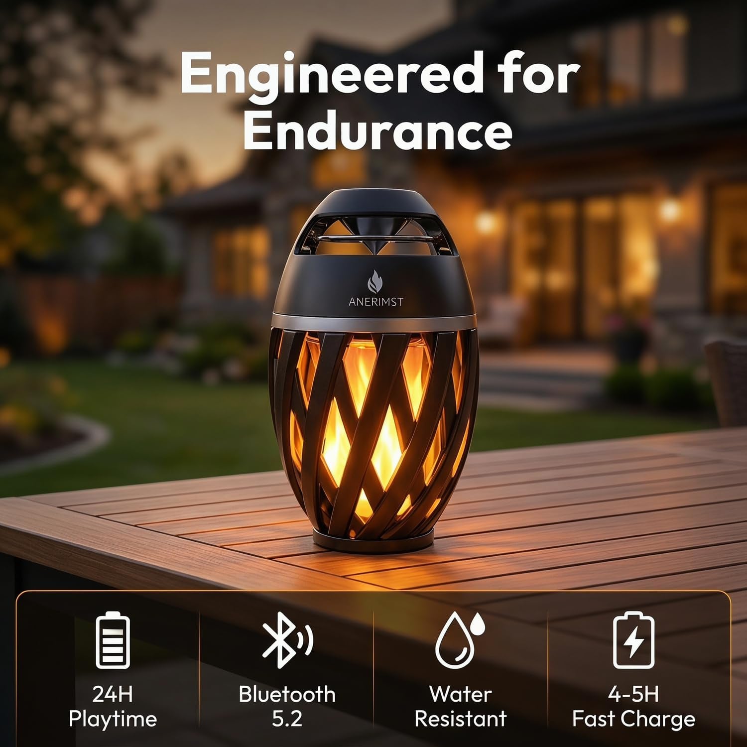 Outdoor Bluetooth Speakers, Waterproof Wireless Speakers with Torch Flame Light, Cool Gadgets for Men Women, LED Lantern for Gardening Camping Patio, 2 Pack (Black)