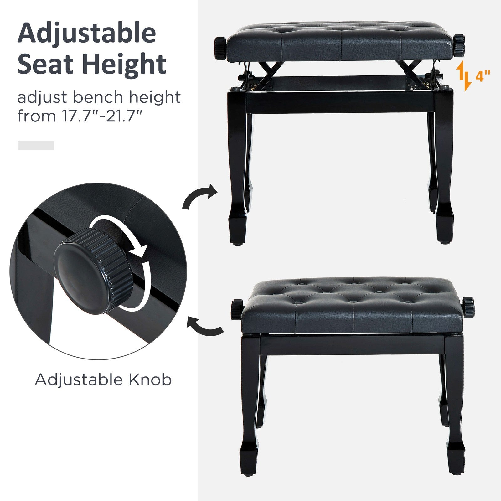 HOMCOM Faux Leather Piano Stool Height Adjustable Seat Keyboard Bench Black