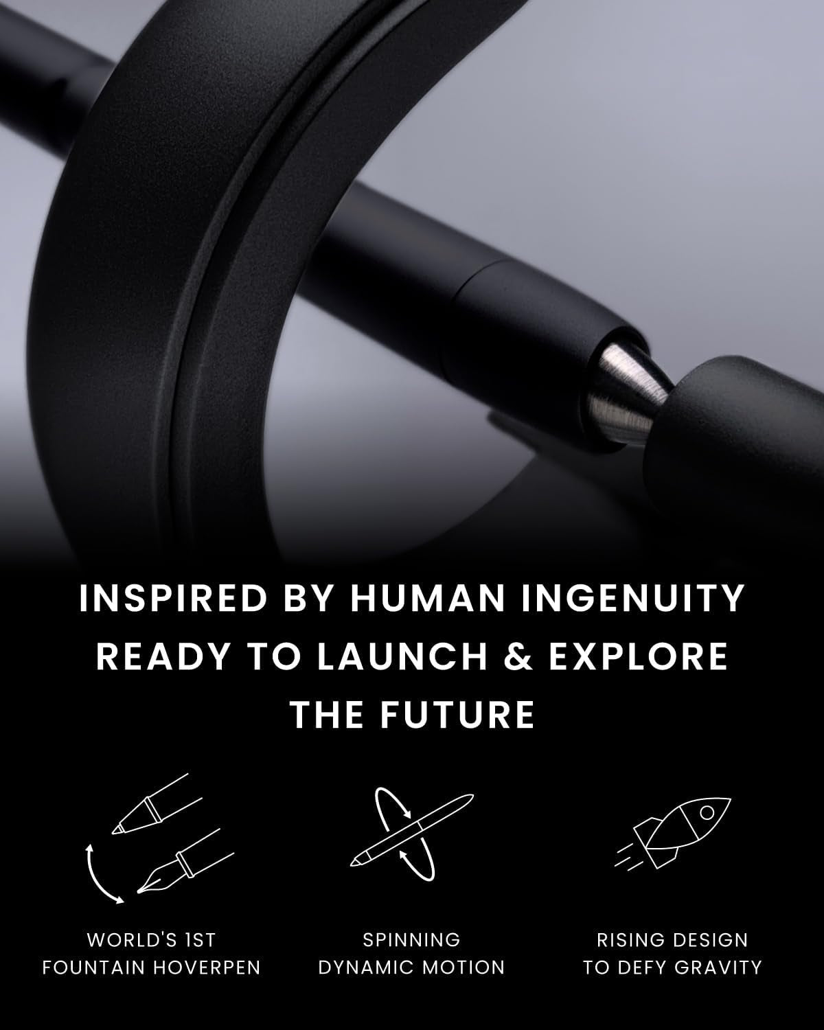 Hoverpen Future Edition - Luxury Fountain Pen & Rollerball Pen All-In Gift Box, Fine Nib, Futuristic Aesthetic, Aerospace Metal Made, Free Spinning Pen, Christmas Gifts for Men (Deep Black)