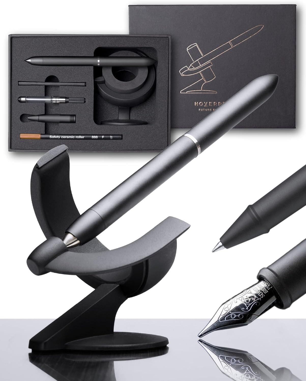 Hoverpen Future Edition - Luxury Fountain Pen & Rollerball Pen All-In Gift Box, Fine Nib, Futuristic Aesthetic, Aerospace Metal Made, Free Spinning Pen, Christmas Gifts for Men (Deep Black)