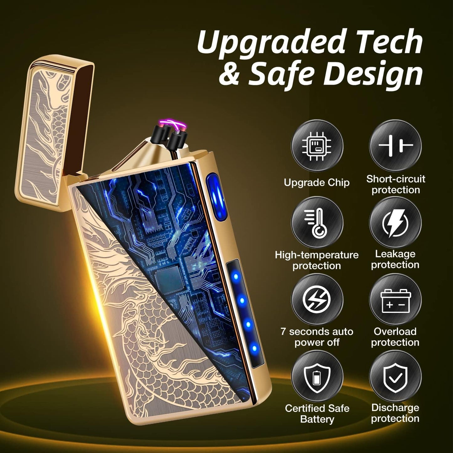Gifts for Him Men, Electronic Lighter Arc Plasma Lighter with Battery Indicator, USB C Rechargeable Lighter Windproof Portable Pocket Camping Lighters (Gold Dragon)