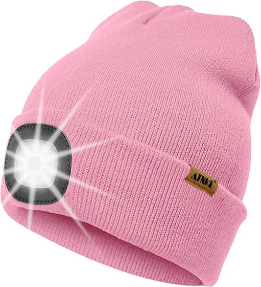 LED Lighted Beanie Hat,Usb Rechargeable 4 LED Running Headlamp Ultra Bright Cap with Light Hands Free Head Torch Winter Warm Knit Beany Tech Gifts for Men Women and Dad