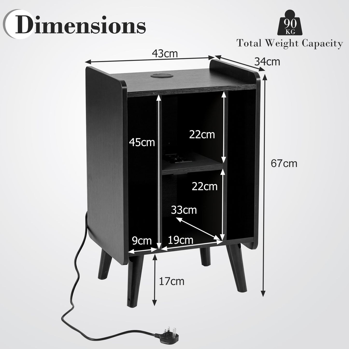 Record Player Stand with 4 Open Shelves Power Outlet USB Charging Port