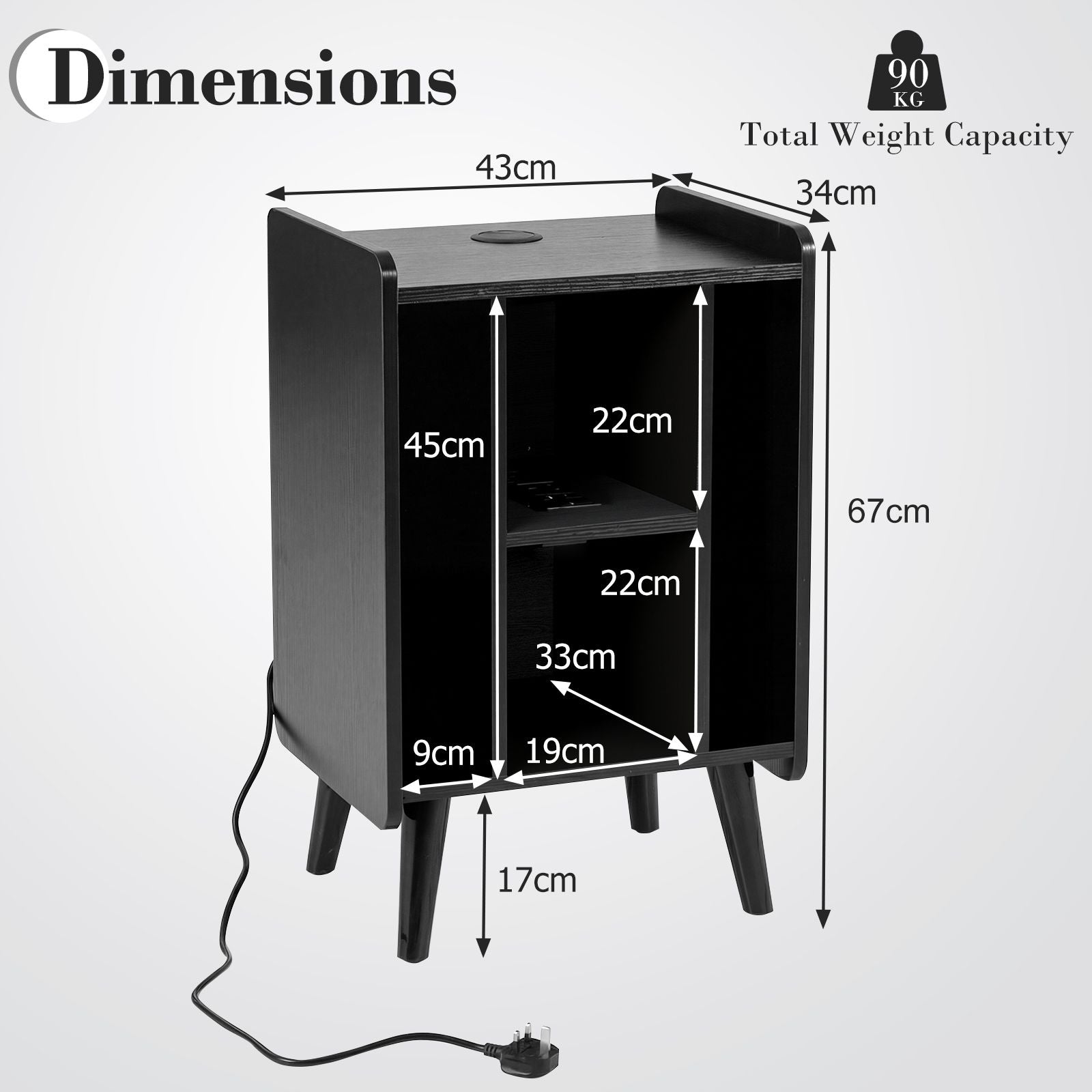 Record Player Stand with 4 Open Shelves Power Outlet USB Charging Port
