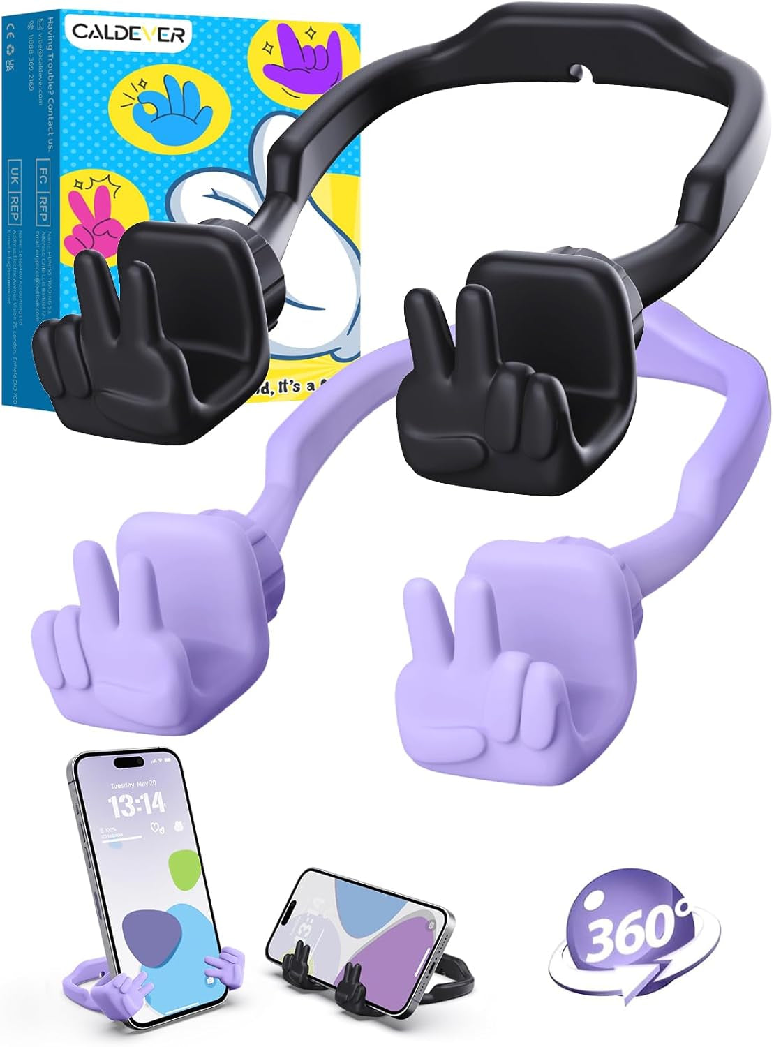 Stocking Stuffers for Teens Girls Boys Kids Cell Phone Stand: 2 Pack Upgrade Adjustable Peace Sign Thumbs Lazy Phone Holder for Desk Cool Gadgets Birthday Gifts for Women Men Adults (Black&Purple)