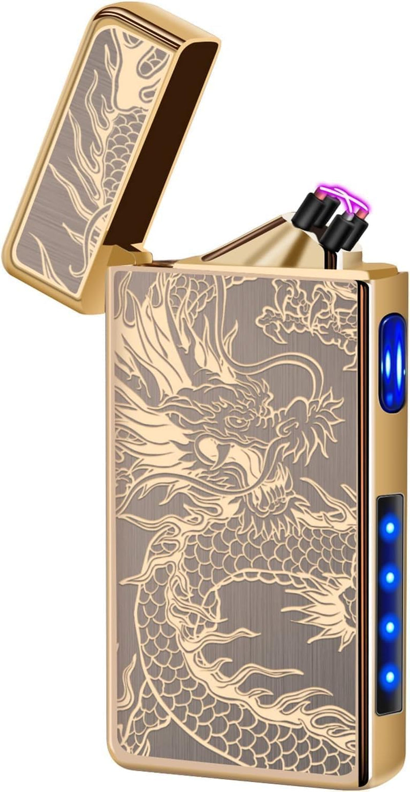 Gifts for Him Men, Electronic Lighter Arc Plasma Lighter with Battery Indicator, USB C Rechargeable Lighter Windproof Portable Pocket Camping Lighters (Gold Dragon)