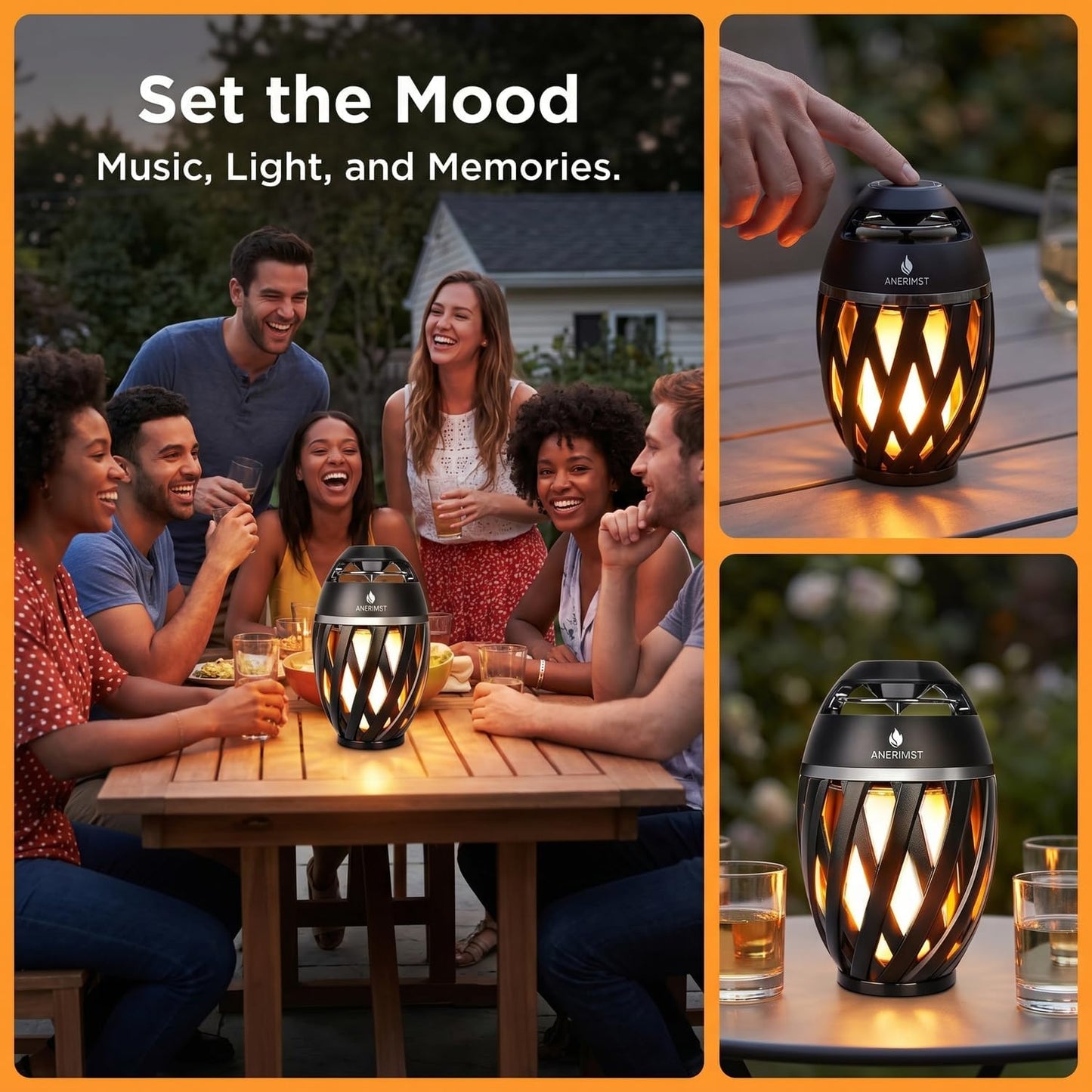 Outdoor Bluetooth Speakers, Waterproof Wireless Speakers with Torch Flame Light, Cool Gadgets for Men Women, LED Lantern for Gardening Camping Patio, 2 Pack (Black)