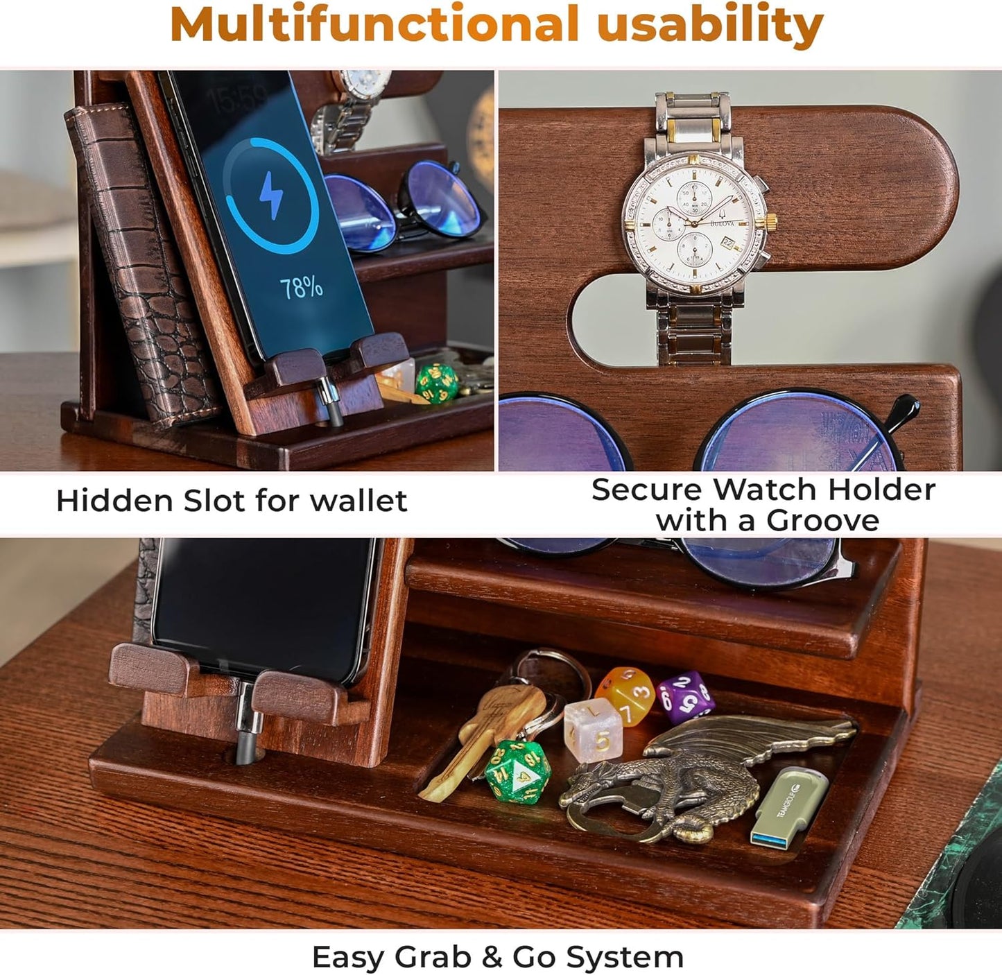 Dad Gifts Wood Phone Docking Station – Nightstand Organiser with Key Holder, Wallet & Watch Stand, Wooden Desk Organizer Phone Dock, Birthday Anniversary Husband Men Gifts (Brown)