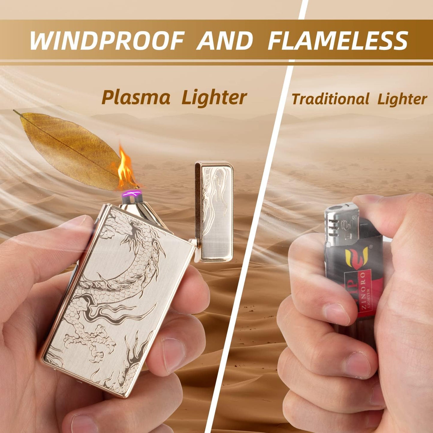 Gifts for Him Men, Electronic Lighter Arc Plasma Lighter with Battery Indicator, USB C Rechargeable Lighter Windproof Portable Pocket Camping Lighters (Gold Dragon)
