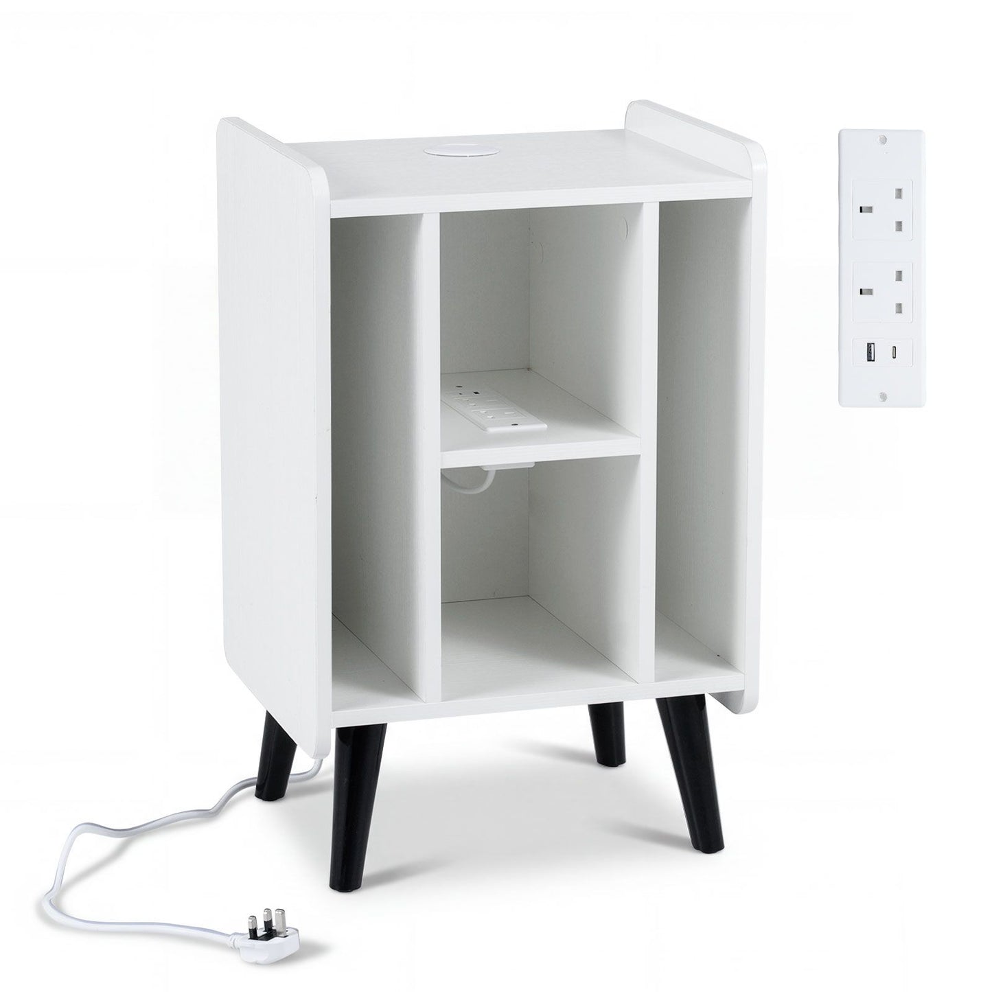 Record Player Stand with 4 Open Shelves Power Outlet USB Charging Port