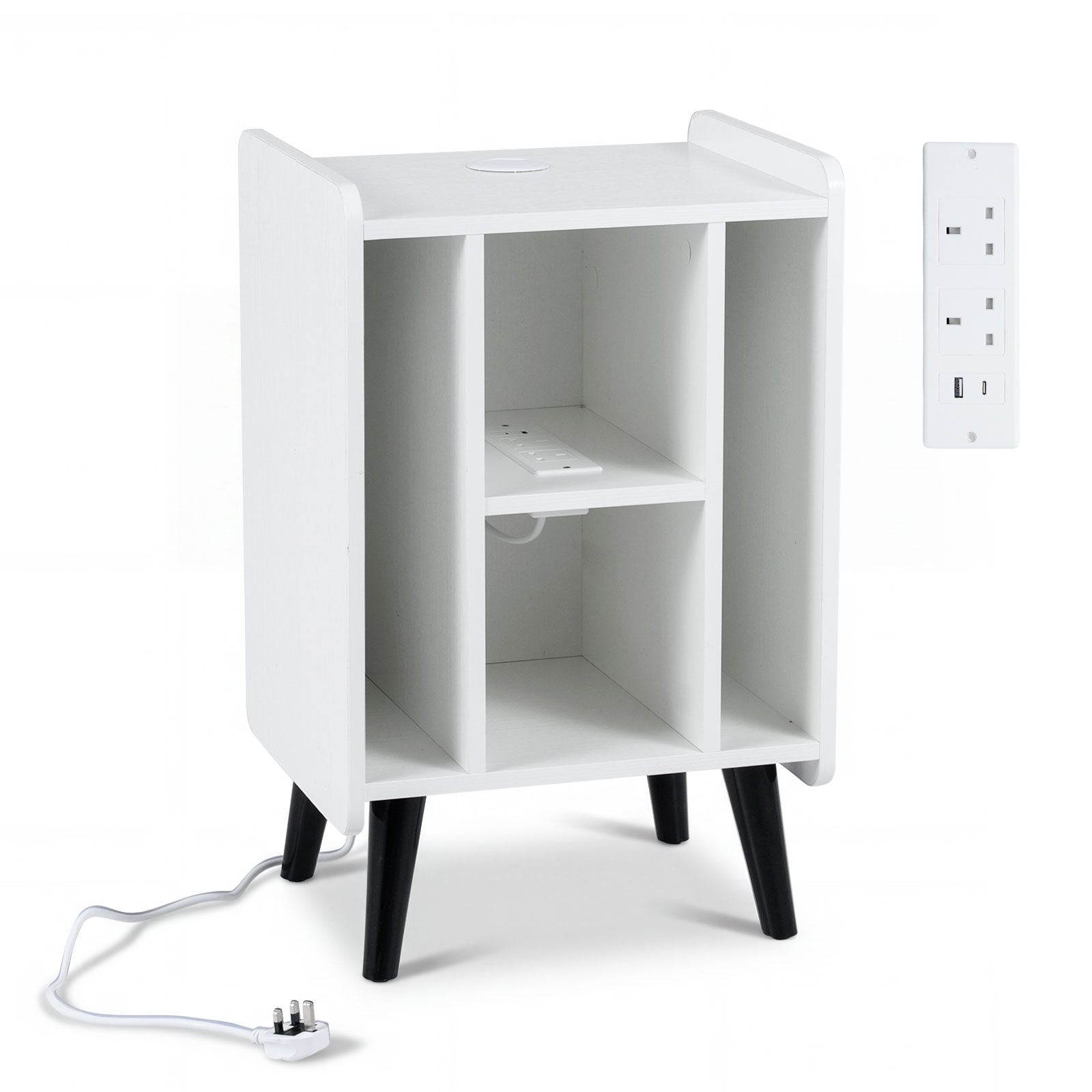 Record Player Stand with 4 Open Shelves Power Outlet USB Charging Port