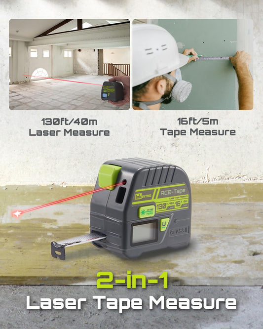 2-In-1 Laser Tape Measure,  130Ft/40M Laser Measurement Tool & 16Ft/5M Measuring Tape, Digital Laser Tape Measure with M/In/Ft/Ft+In Units, LCD Display, Self-Locking Tape, Belt Clip