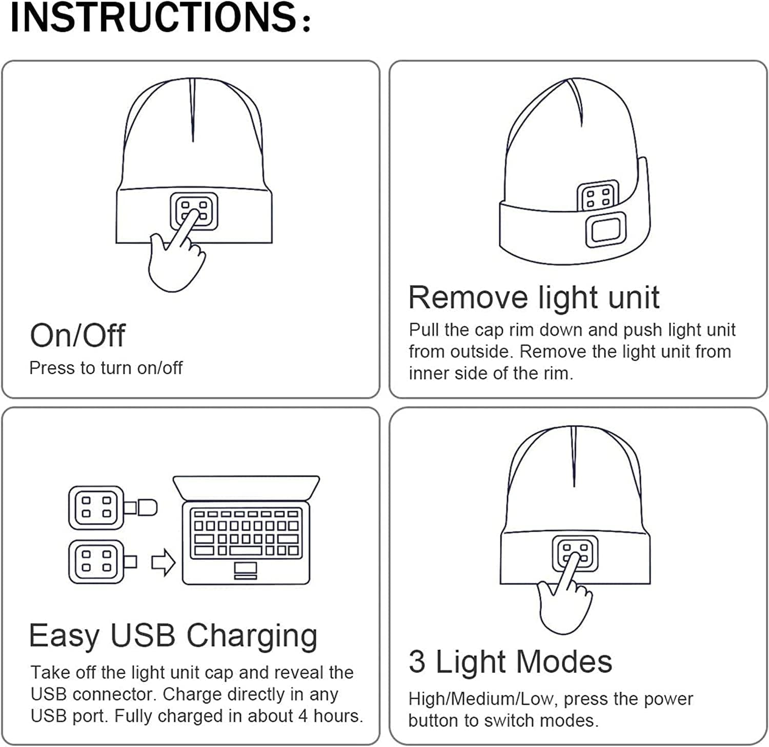 LED Lighted Beanie Hat,Usb Rechargeable 4 LED Running Headlamp Ultra Bright Cap with Light Hands Free Head Torch Winter Warm Knit Beany Tech Gifts for Men Women and Dad