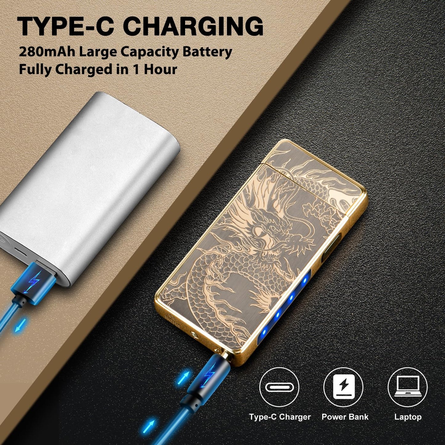 Gifts for Him Men, Electronic Lighter Arc Plasma Lighter with Battery Indicator, USB C Rechargeable Lighter Windproof Portable Pocket Camping Lighters (Gold Dragon)