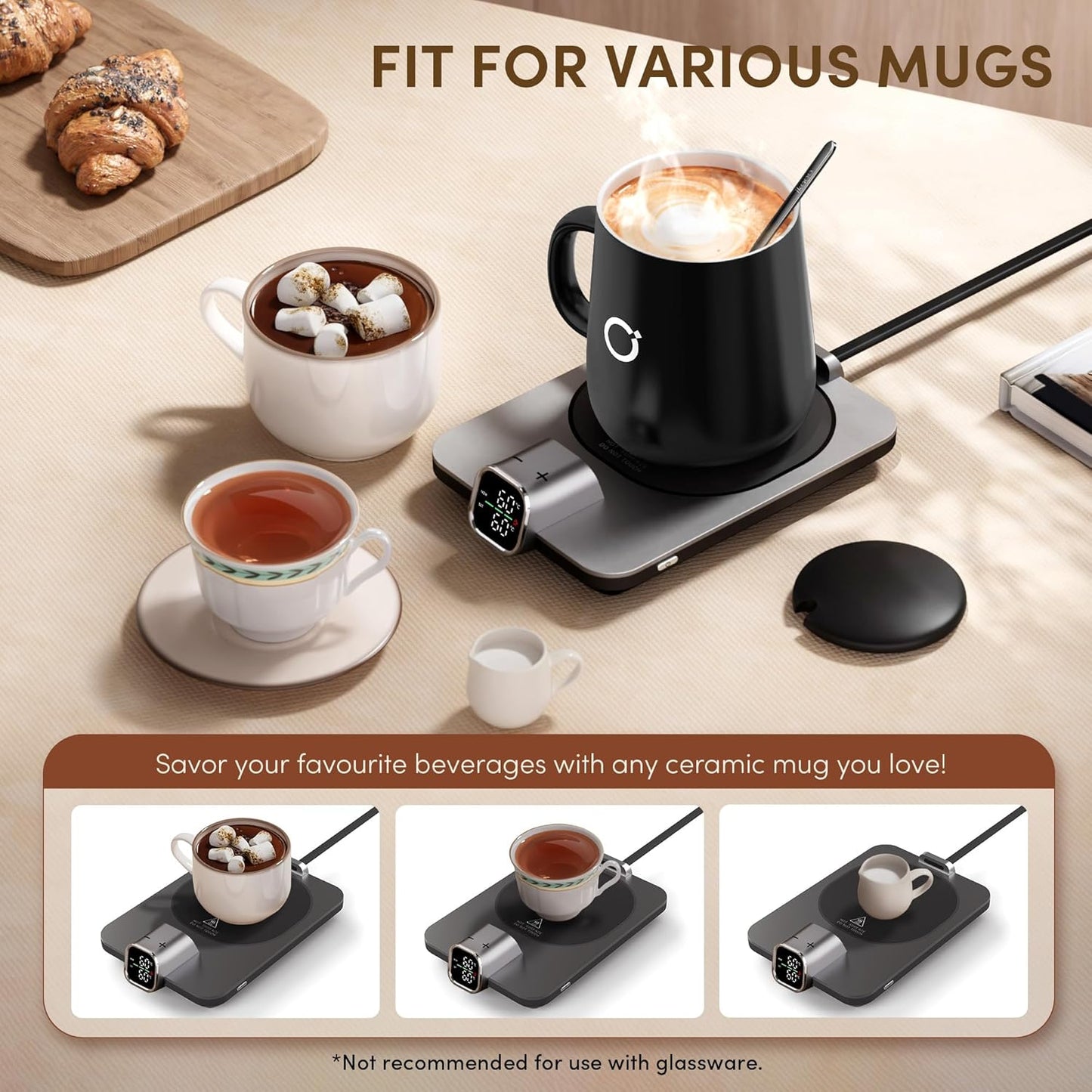 Heated Smart Coffee & Tea Mug Warmer Set - 1℃ Precise Temp Control & Real-Time Display, Auto Shut-Off, Electric Mug Warmer for Desk, Gifts for Women & Men, Home & Office, Black