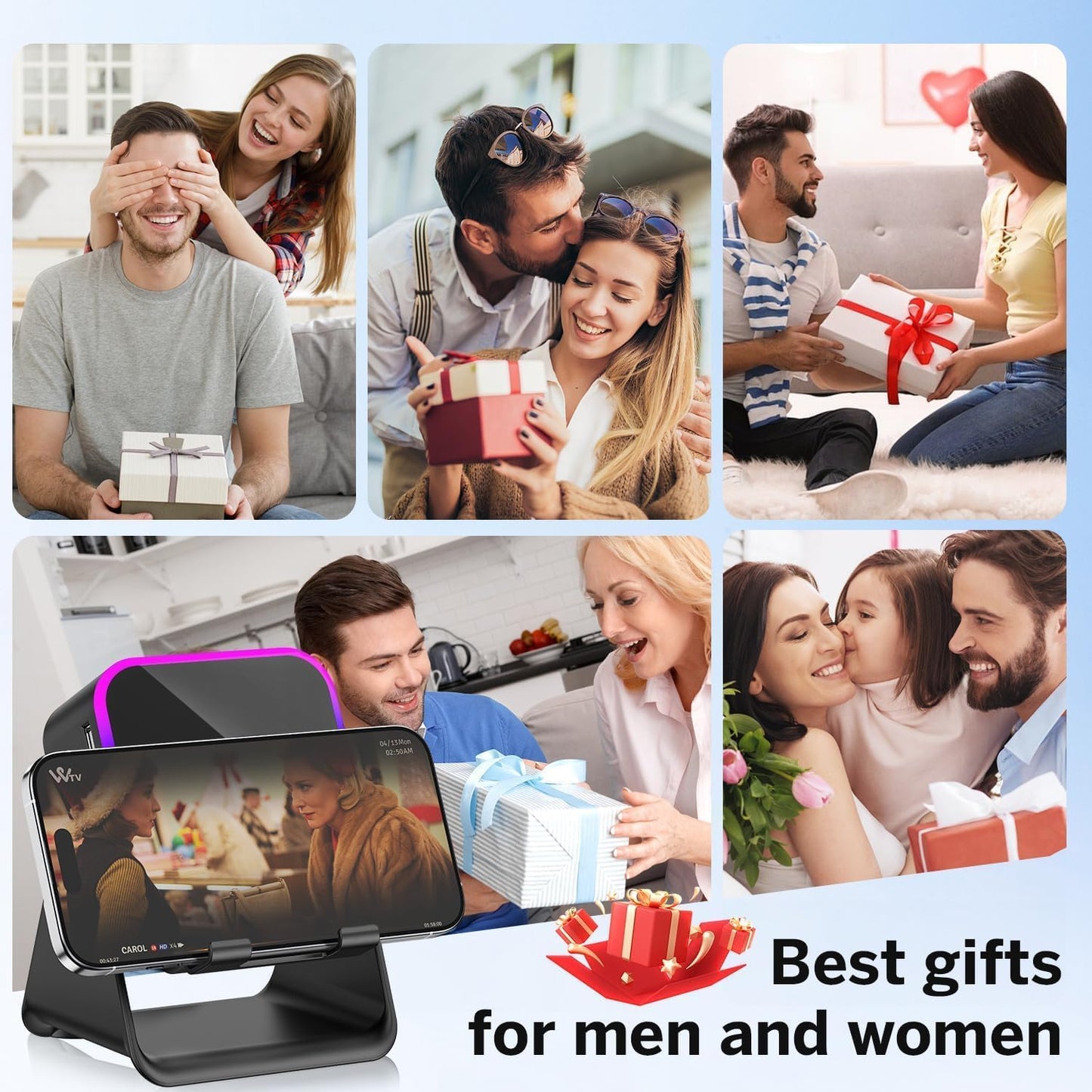 5-In-1 Wireless Induction Bluetooth Speaker with Adjustable round Phone Stand, Multifunctional Stereo Sound Bluetooth Speaker, 8 RGB Ambient Light (Black, Square)