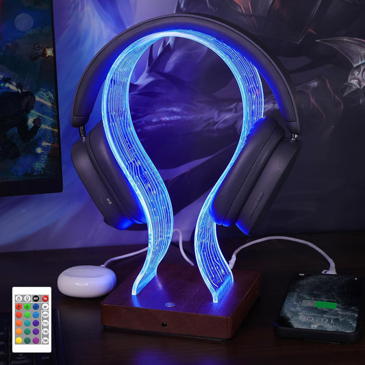 Headphone Stand with 16 Changing Colors, Wooden Headset Holder with 1 USB Charging Port and 1 Type-C Charging Port Touch Control with Remote, Gift for Gamers, Men, and Music Lovers