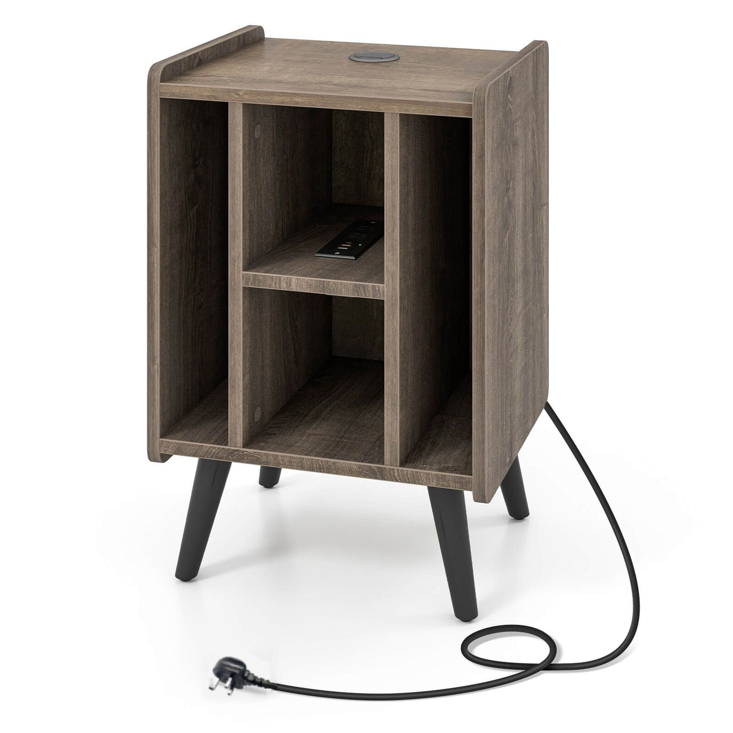 Record Player Stand with 4 Open Shelves Power Outlet USB Charging Port