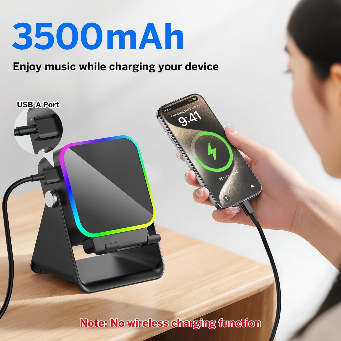 5-In-1 Wireless Induction Bluetooth Speaker with Adjustable round Phone Stand, Multifunctional Stereo Sound Bluetooth Speaker, 8 RGB Ambient Light (Black, Square)