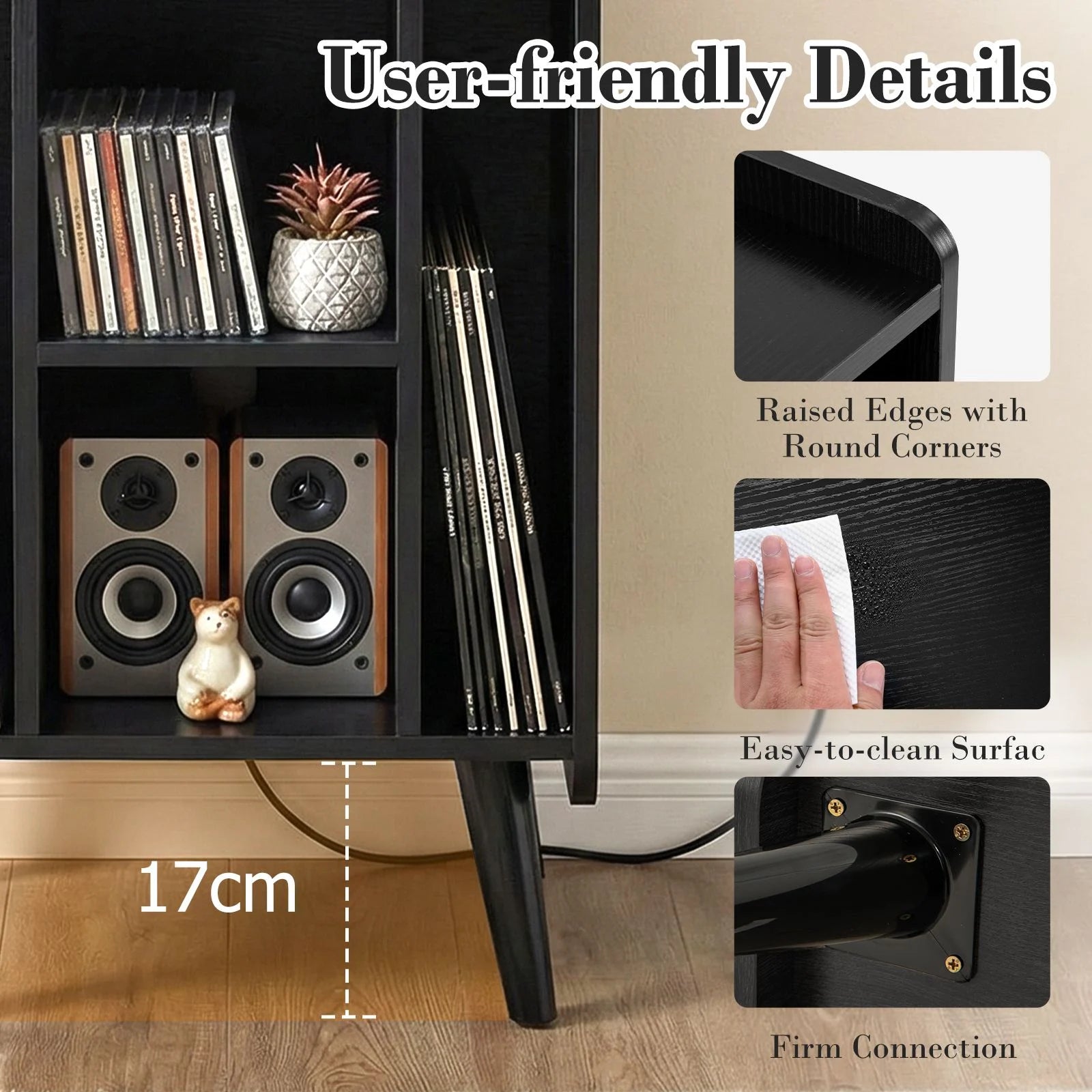 Record Player Stand with 4 Open Shelves Power Outlet USB Charging Port