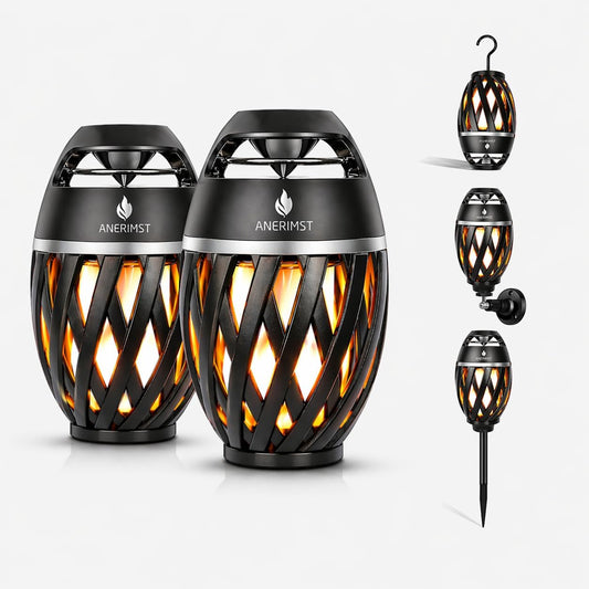 Outdoor Bluetooth Speakers, Waterproof Wireless Speakers with Torch Flame Light, Cool Gadgets for Men Women, LED Lantern for Gardening Camping Patio, 2 Pack (Black)