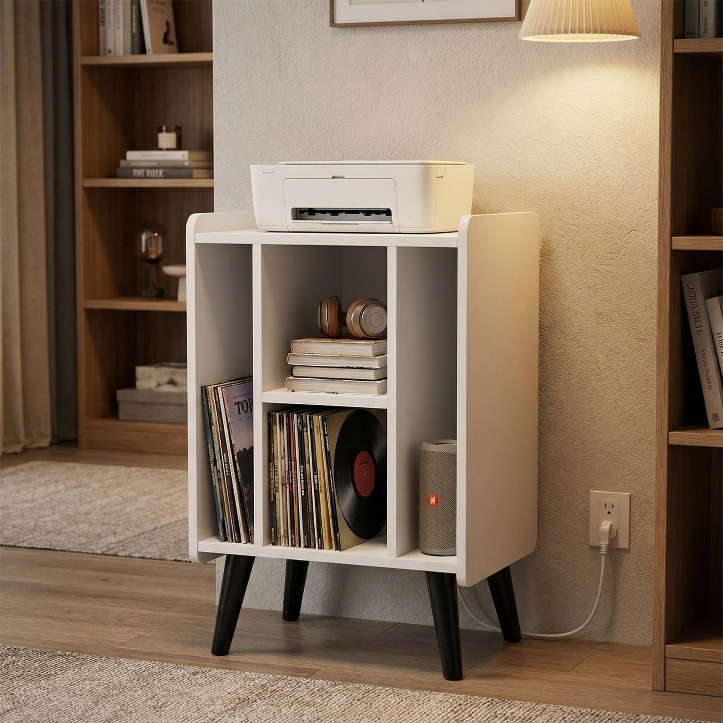 Record Player Stand with 4 Open Shelves Power Outlet USB Charging Port