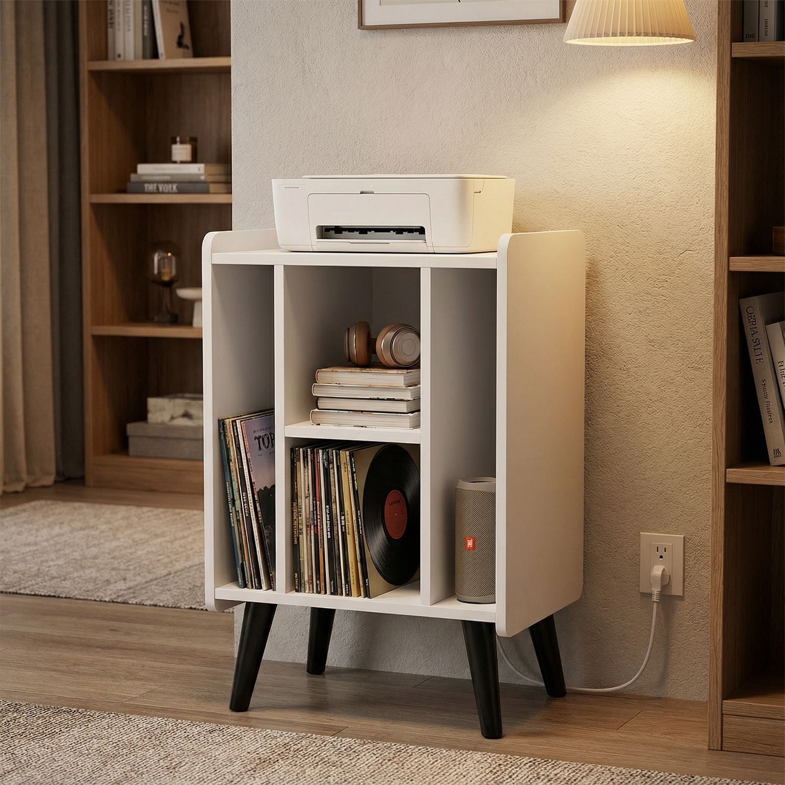 Record Player Stand with 4 Open Shelves Power Outlet USB Charging Port