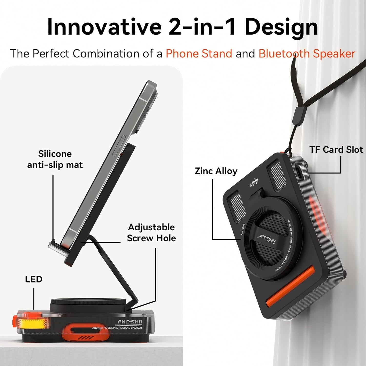 Mobile Phone Stand with Wireless Bluetooth Speaker, Portable Desk Speaker with HD Sound, Tf/Microsd Card Slot, Compatible with Iphone/Galaxy, for Home & Outdoors, Gift for Men & Women