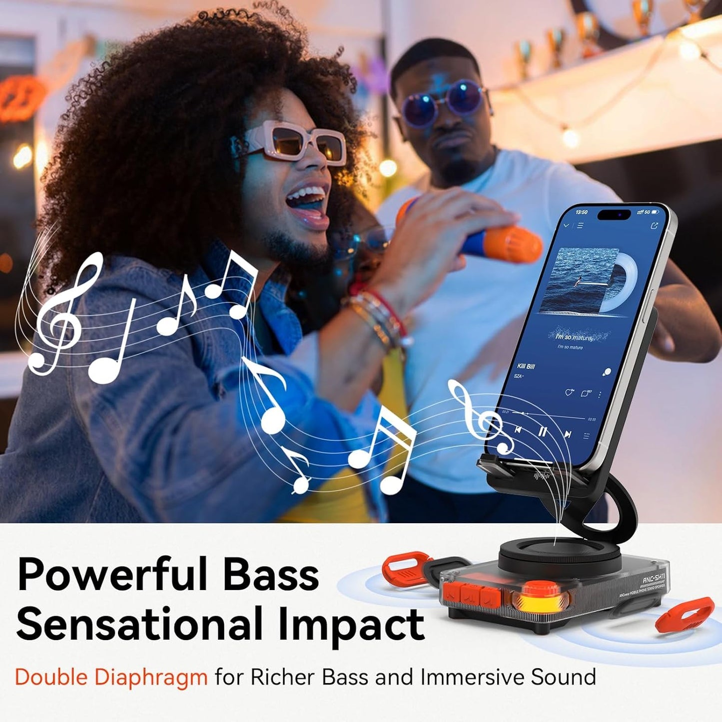 Mobile Phone Stand with Wireless Bluetooth Speaker, Portable Desk Speaker with HD Sound, Tf/Microsd Card Slot, Compatible with Iphone/Galaxy, for Home & Outdoors, Gift for Men & Women