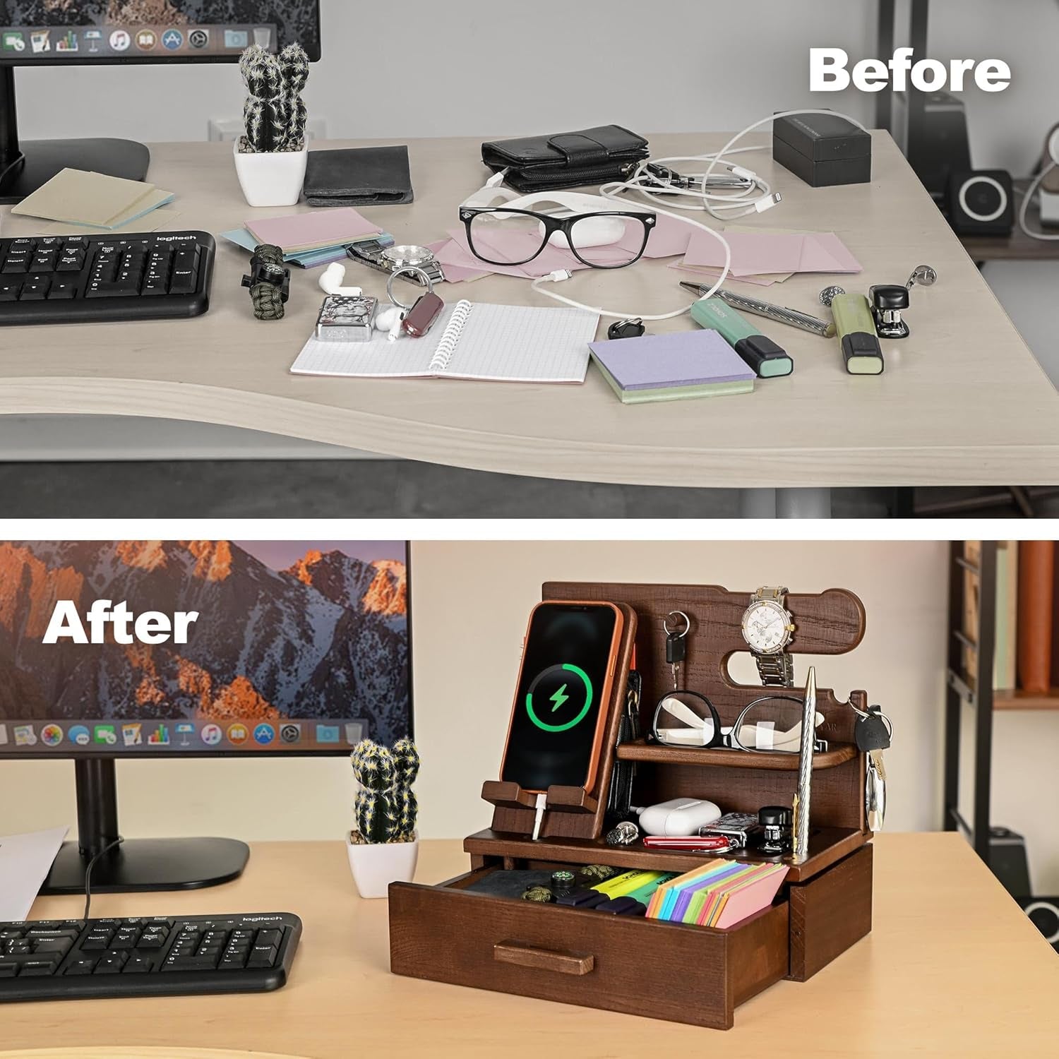 Wood Phone Docking Station with Drawer – Solid Ash Desk & Nightstand Organiser, Phone Charging Stand, Bedside Phone Holder, Valet Tray for Wallet Watch Keys Glasses, Men & Women Gift (Brown)