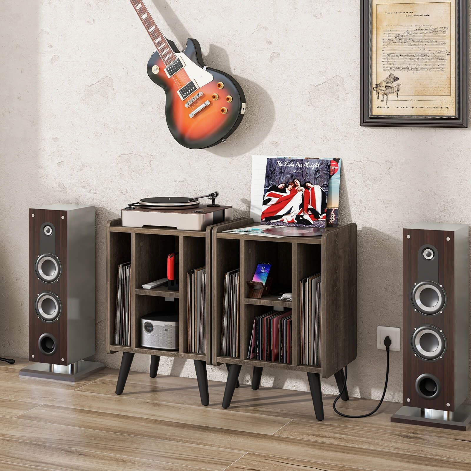 Record Player Stand with 4 Open Shelves Power Outlet USB Charging Port